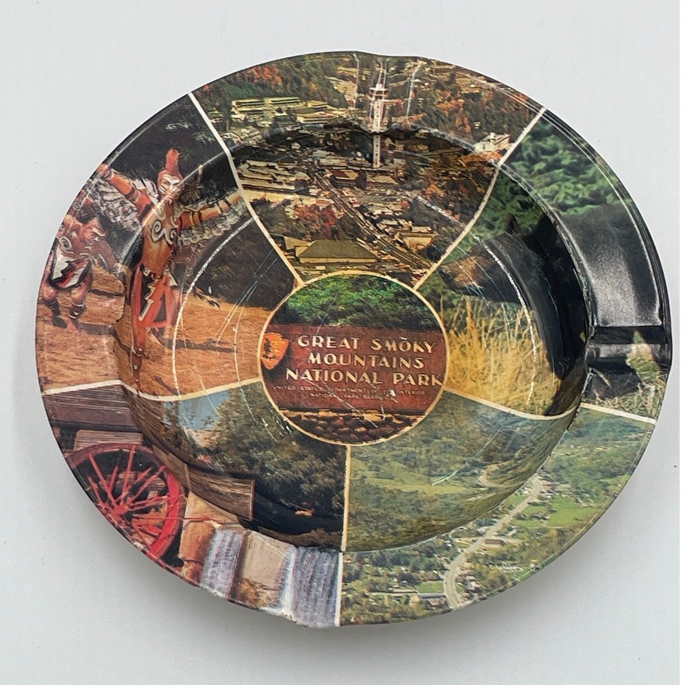 Vintage Great Smoky Mountains National Park Souvenir Tin Ashtray Multi-Scene